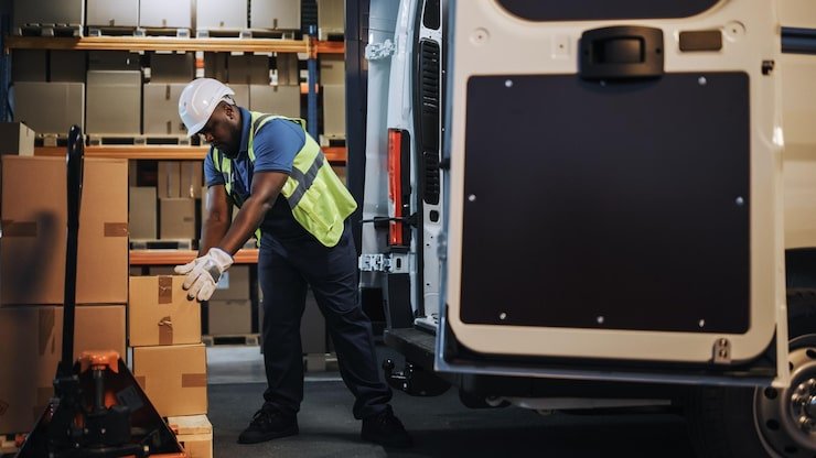 Workers unloading materials at commercial site